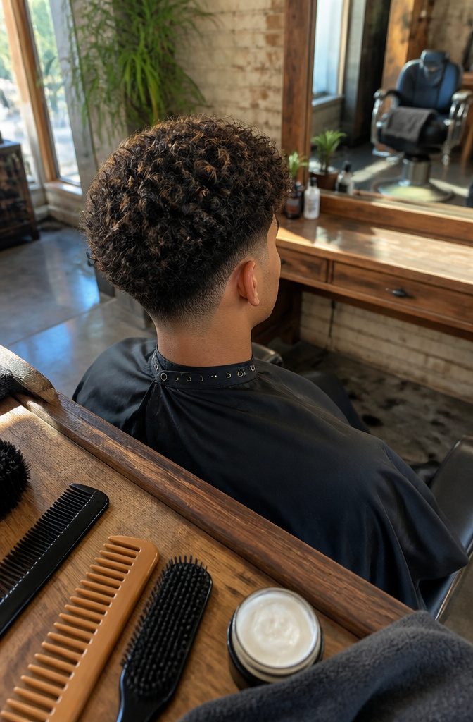 Young man viewed from behind with defined curls and tapered sides