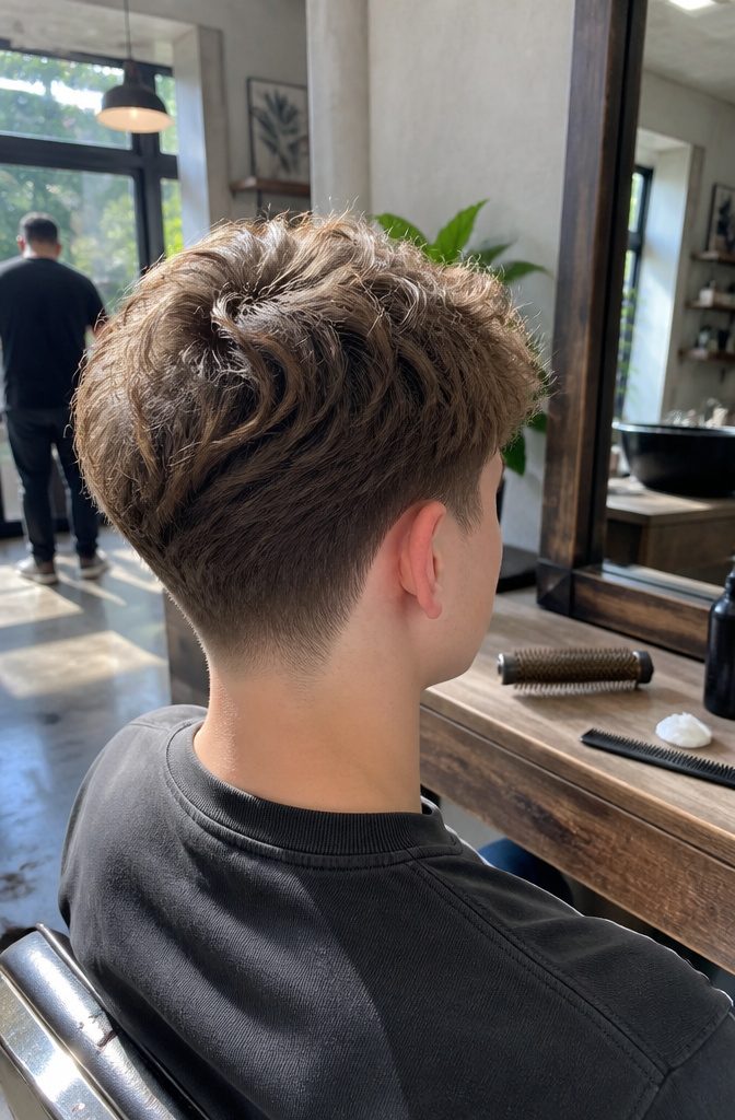 Young man seen from behind with tousled hair and tapered sides