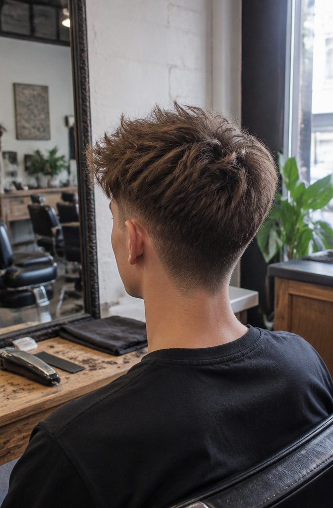 Young man seen from behind with a fluffy top and shaved sides