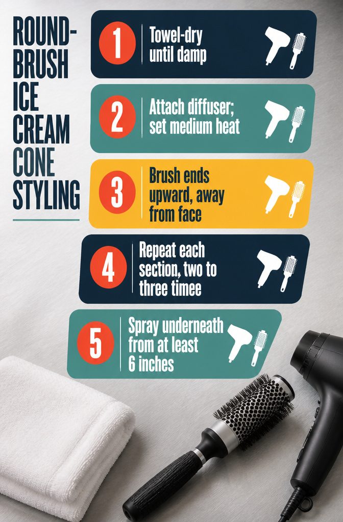 Beauty information graphic titled Round-Brush Ice Cream Cone Styling