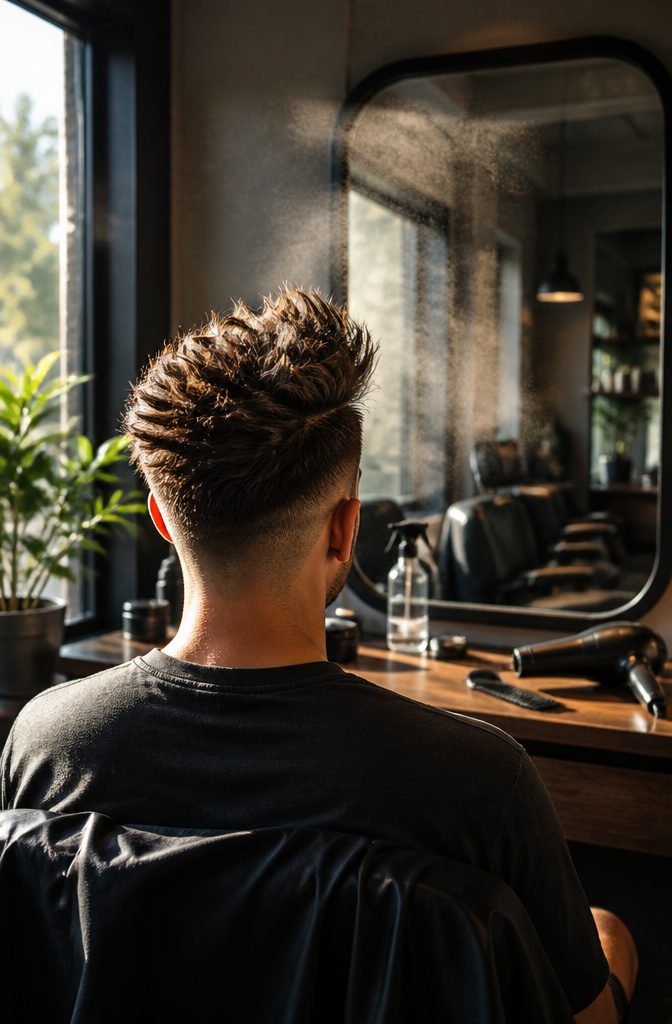 Young man with upright layered hair and closely tapered sides