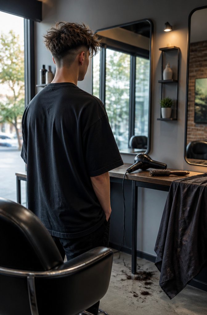 Young man at a barbershop station with lifted textured hair and shaved sides