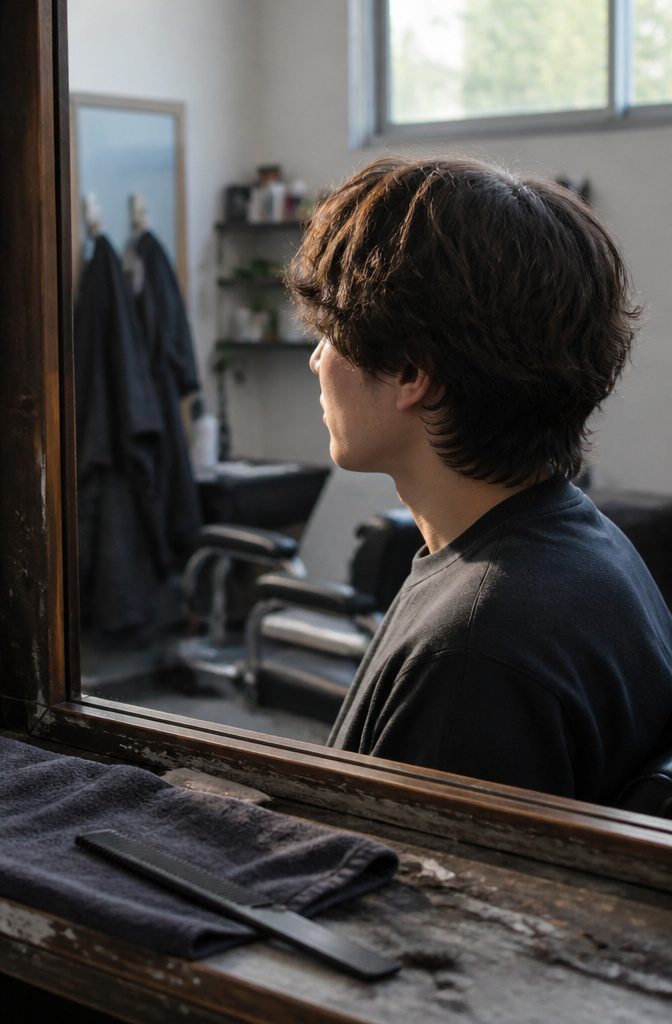 Young man beside a barbershop mirror with a long wavy fringe