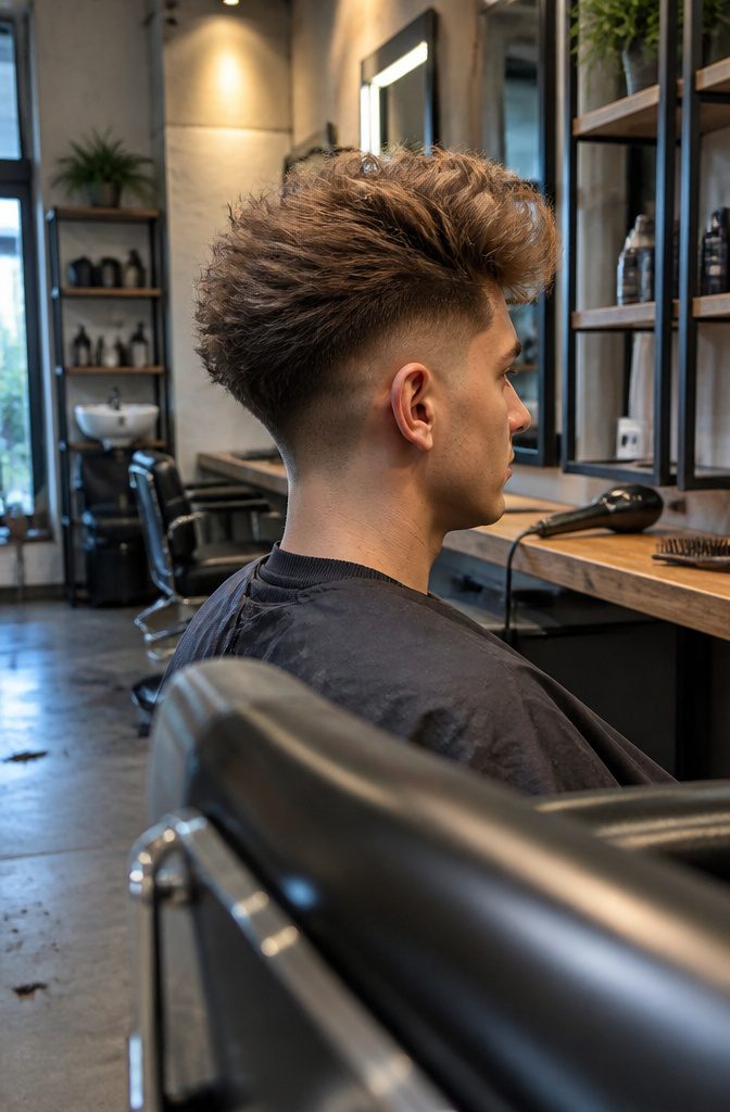 Man wearing a fluffy rounded hairstyle with edges flipped outward