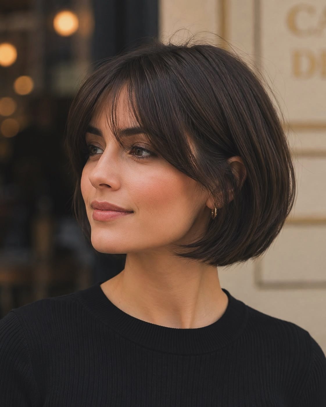 Woman with a dark choppy blunt bob and eyebrow-grazing fringe