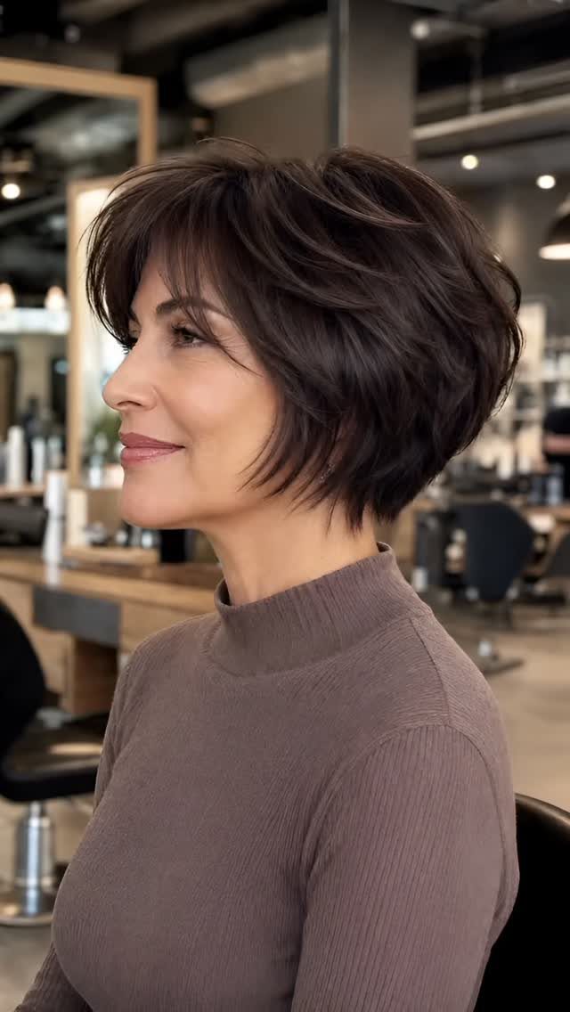 Woman showing a short dark bob with soft feathered layers and side-swept bangs