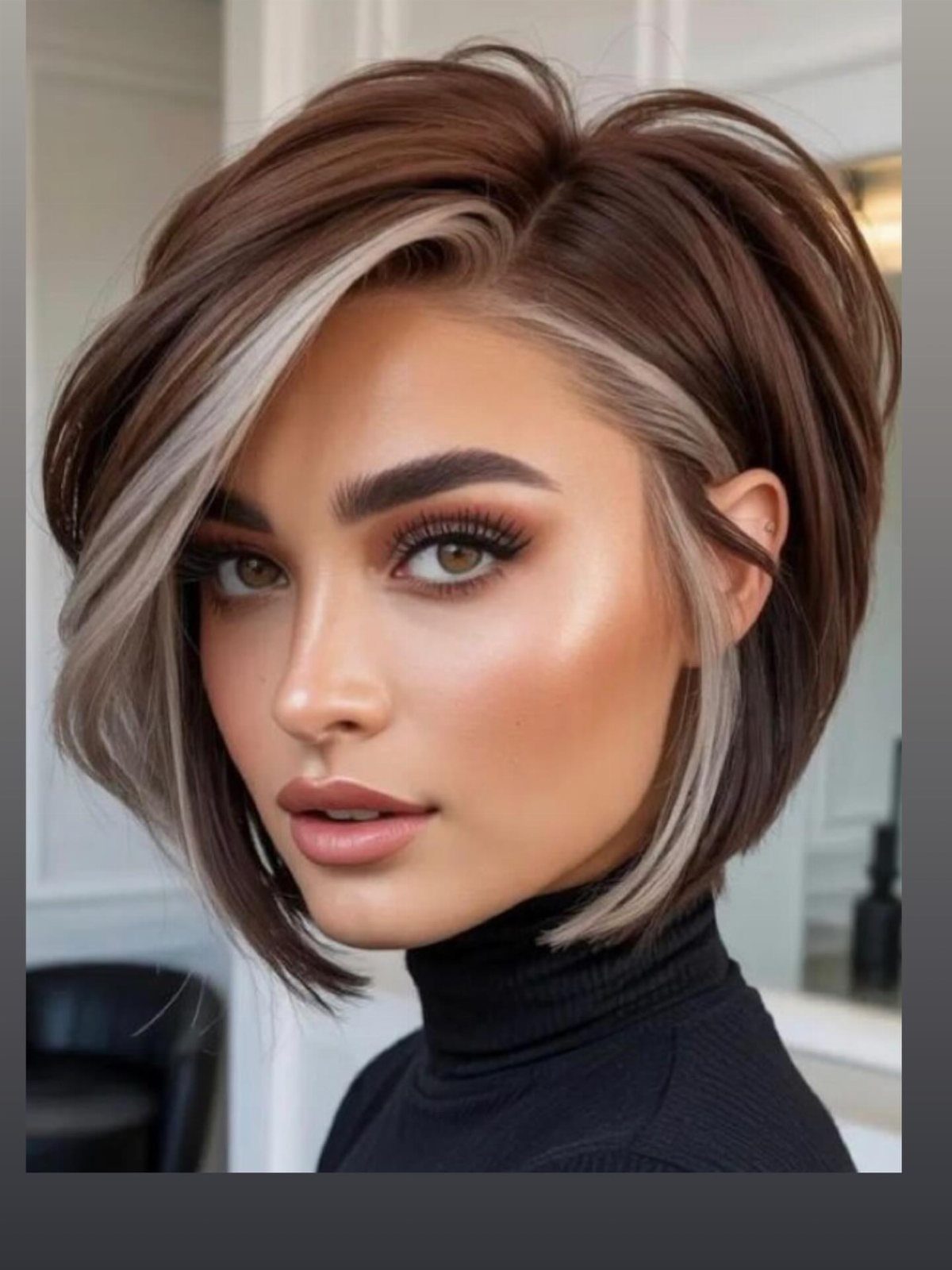 Woman with a tousled highlighted brown bob and pale blonde face-framing strands
