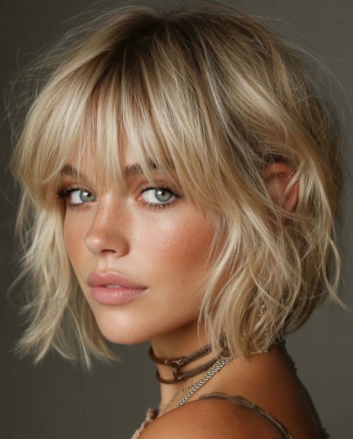 Woman with a tousled blonde bob, wispy bangs, and darker roots