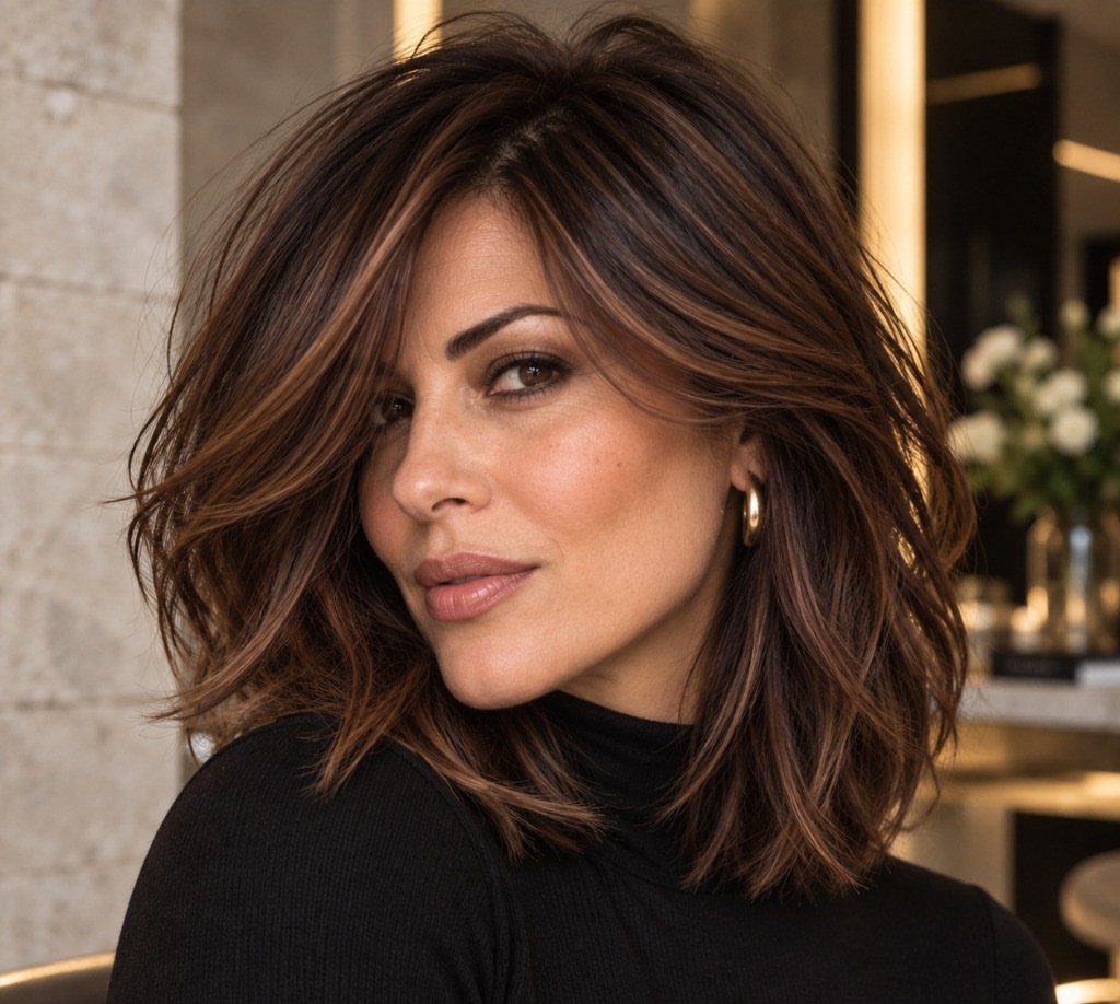 Woman showing a layered brunette bob with loose pieces framing her face