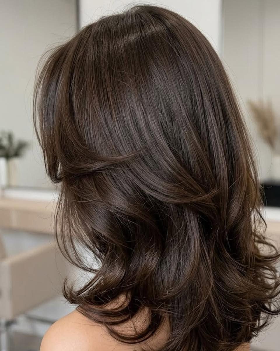 Dark brown shoulder-length hair with layered feathered curls and rounded ends