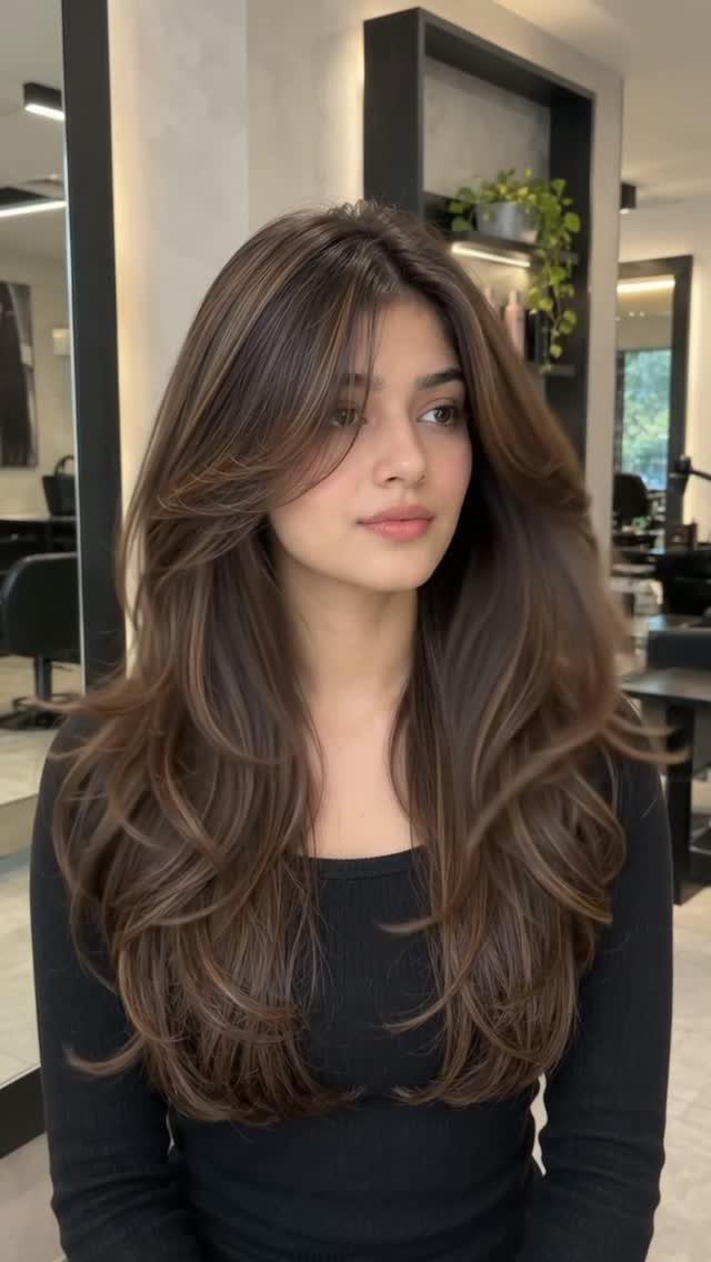 Woman displaying long brown hair with voluminous two-tiered layers in a salon