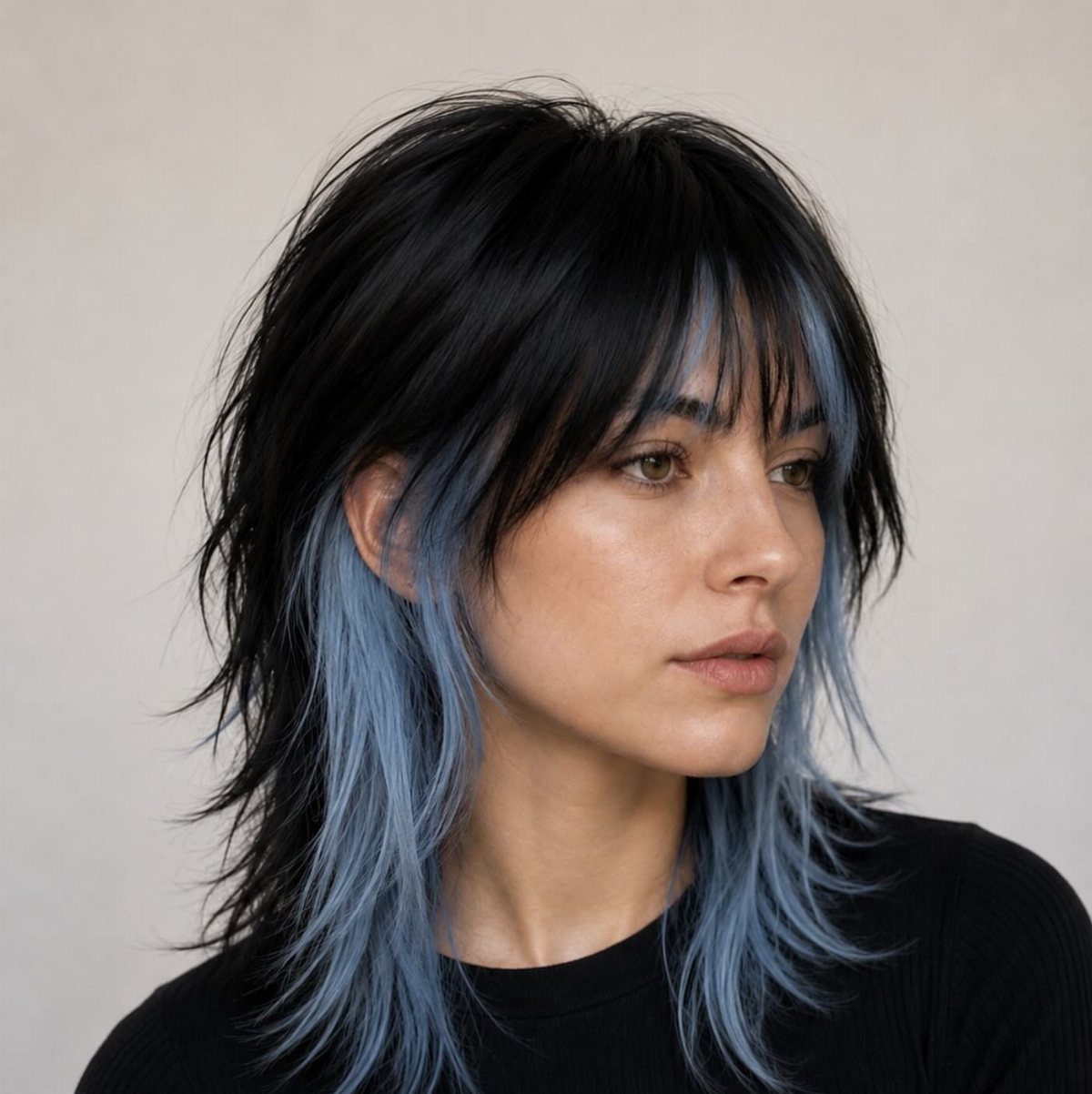 Woman with a tousled black shag lob, blue-gray face-framing layers, and full bangs