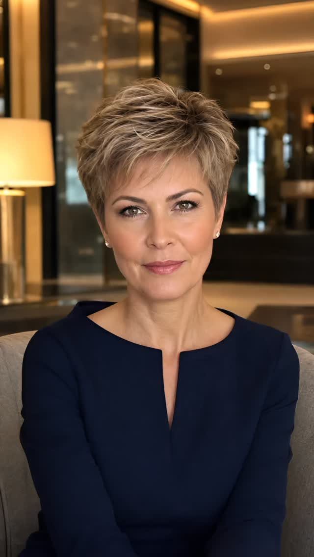 Woman showing a short layered blonde pixie haircut indoors
