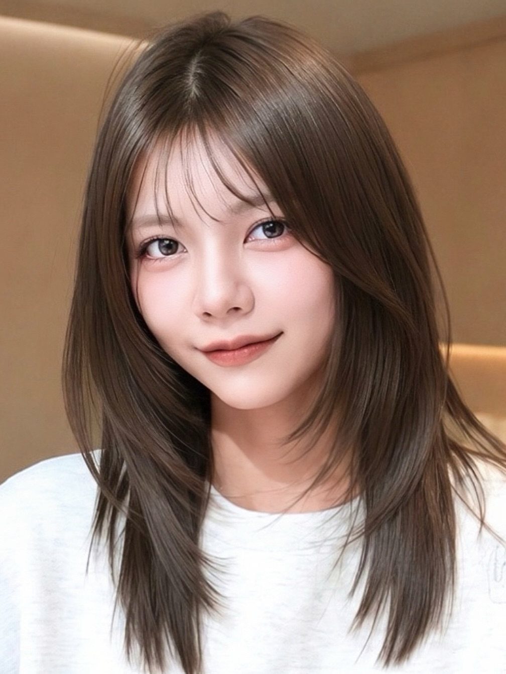Young woman with sleek, shiny brown hair in long, straight layers