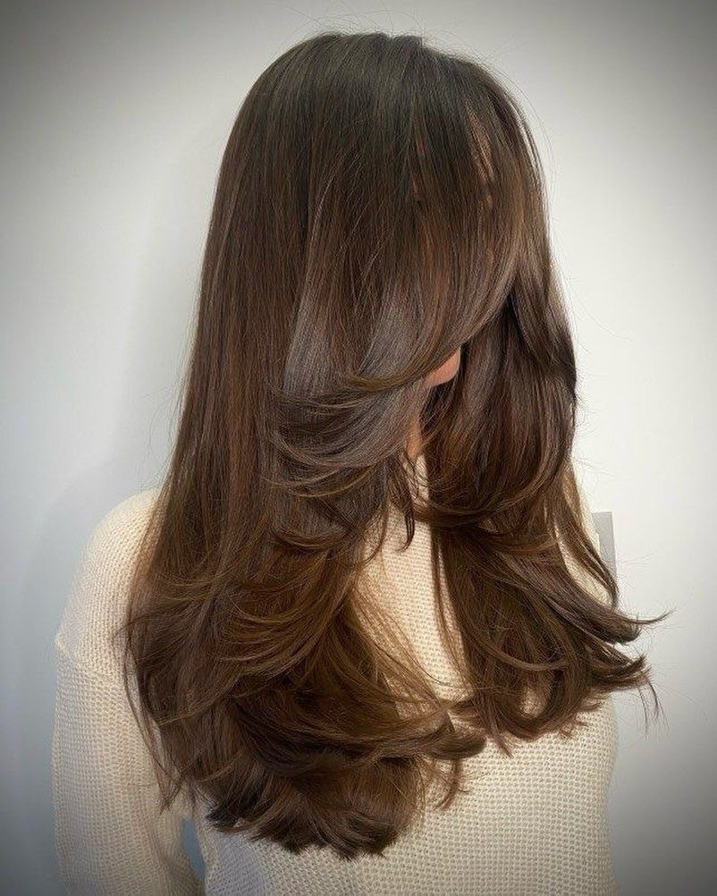 Long dark brown hair styled in voluminous tapered layers with feathered ends