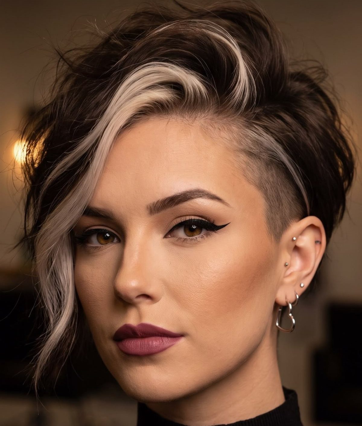 Woman showing a layered pixie with a closely shaved side and swept highlighted top