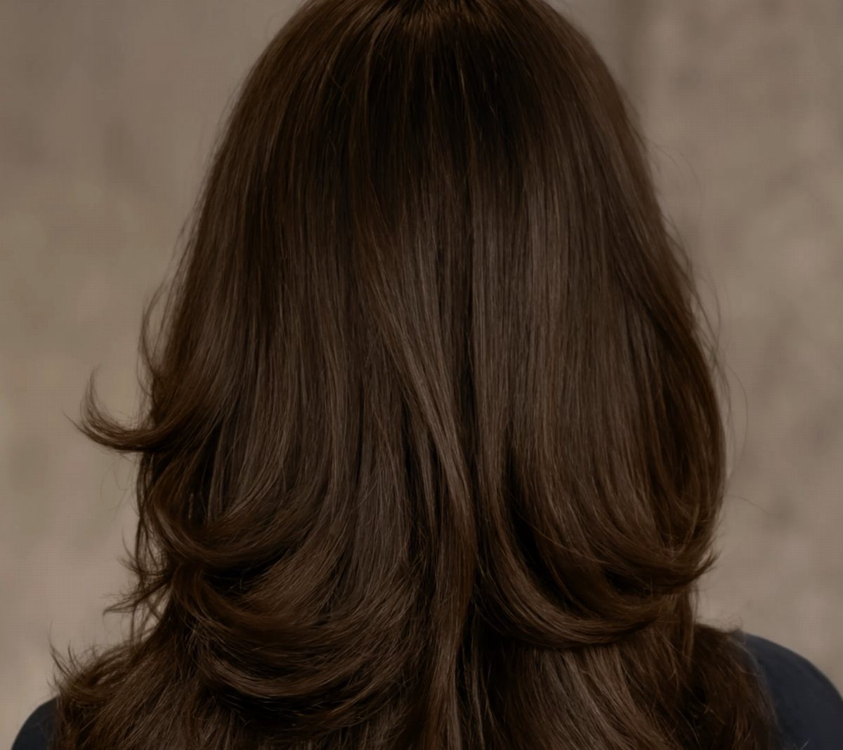 Long dark brown hair styled in flowing, cascading waterfall layers
