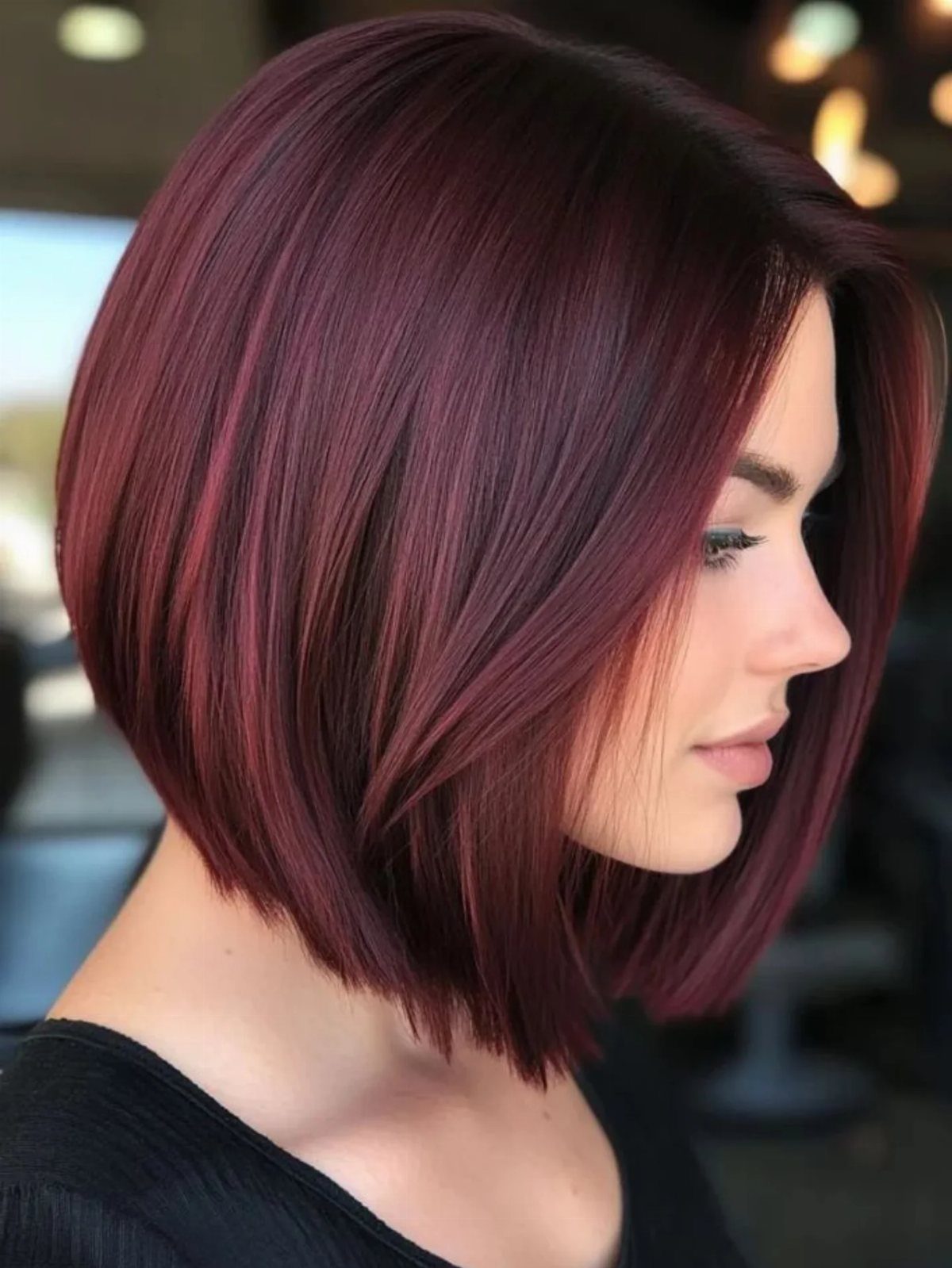 Woman with a chin-length layered bob in deep cherry-burgundy and brown tones