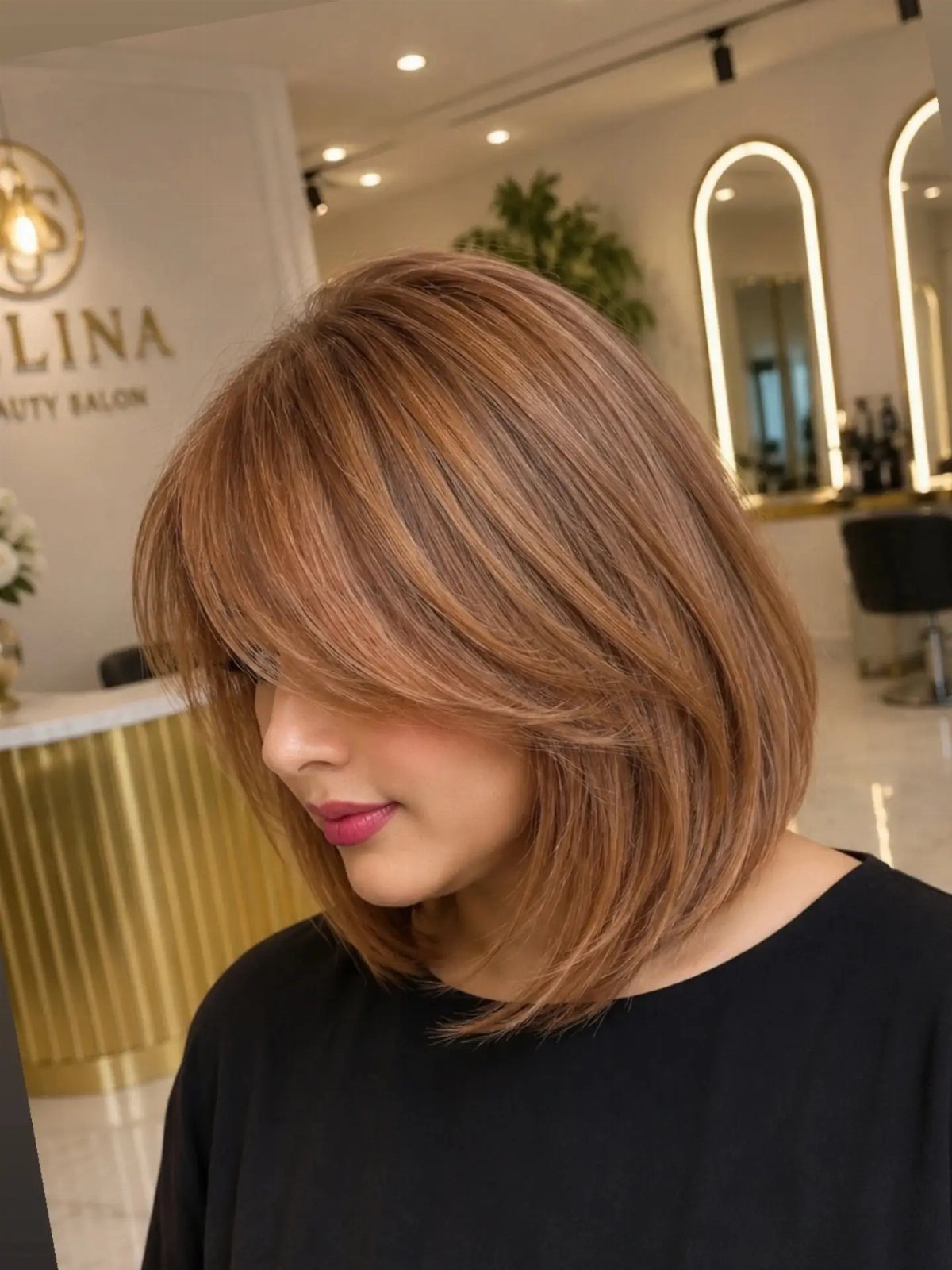 Woman displaying a warm copper layered bob with side-swept bangs in a salon