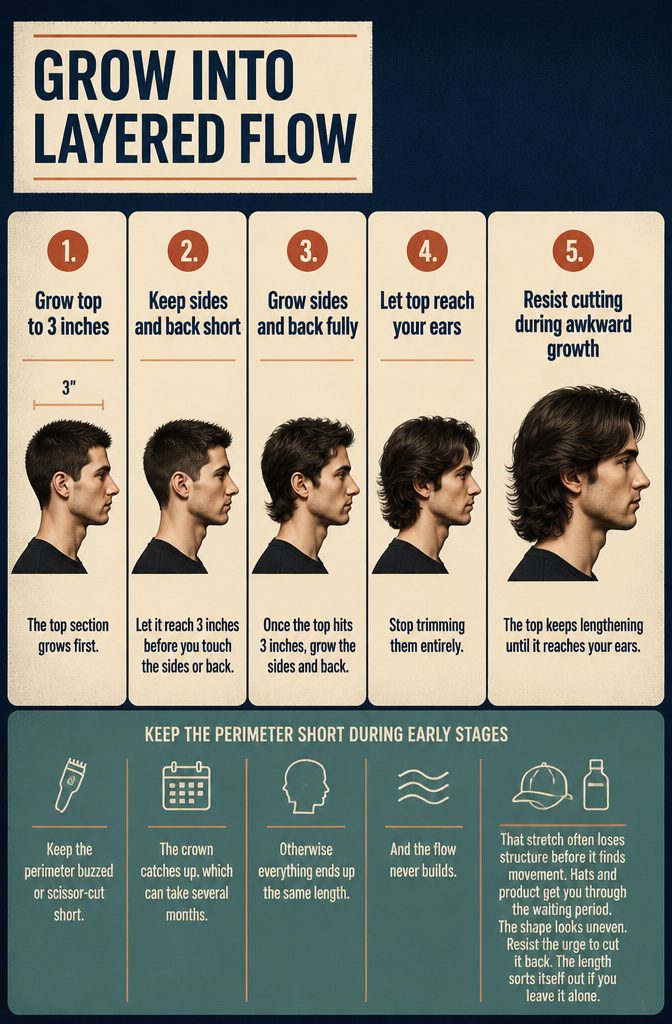 Layered flow haircut with a longer crown and short sides and back