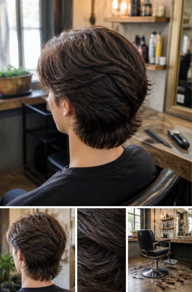 Wavy layered flow haircut with hair swept away from the face