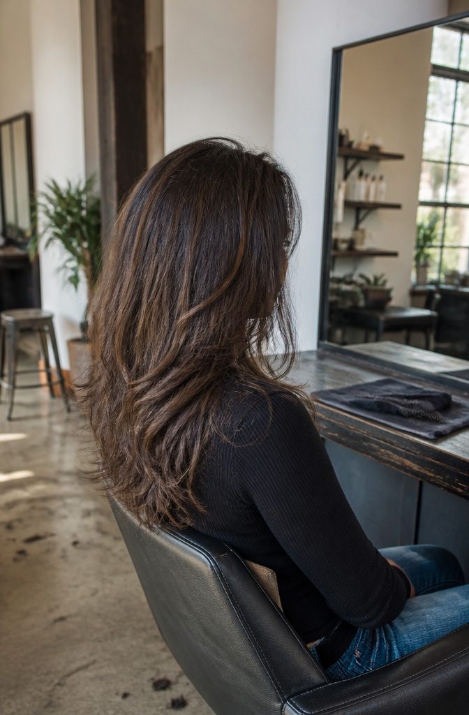 Long layered flow haircut with wavy hair falling past the chin