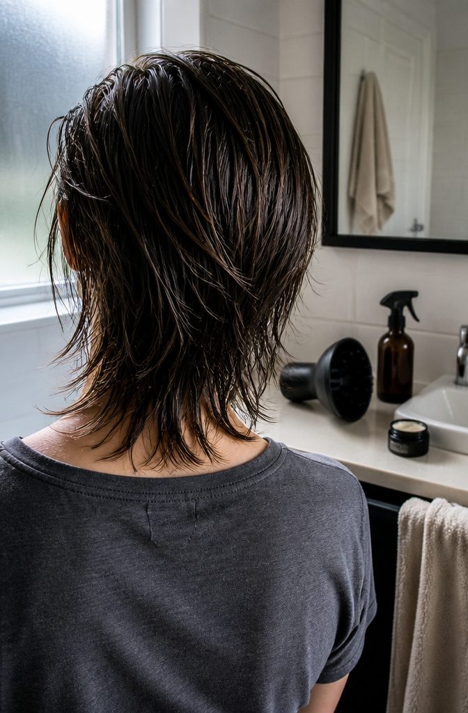Layered flow haircut brushed back with loose feathered ends