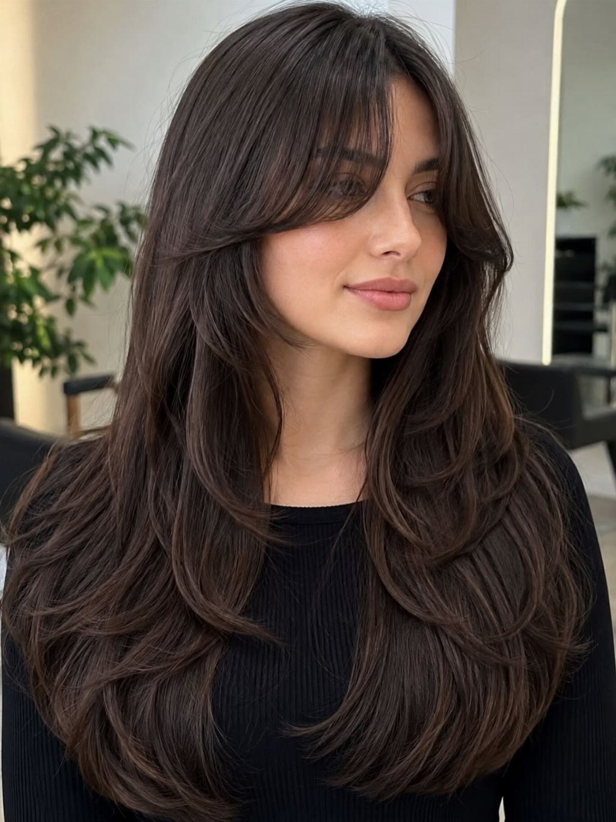 Woman with long, glossy layered hair and sweeping curtain bangs