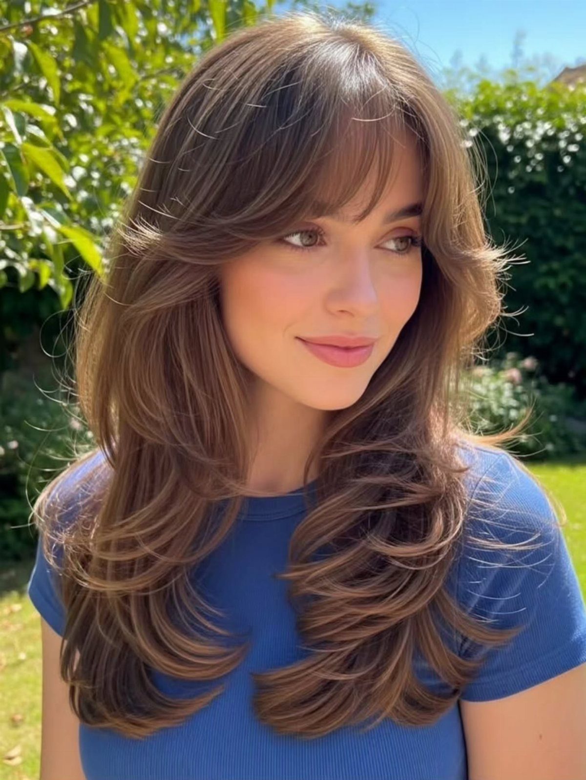Woman with long brown layered hair, wispy bangs, and softly curled ends outdoors