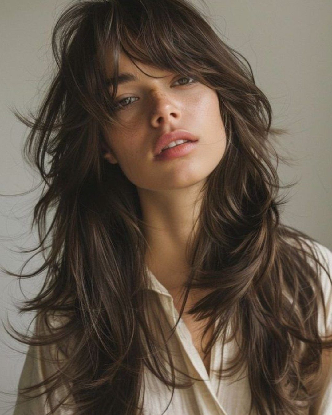 Woman with long, tousled dark hair, choppy layers, bangs, and a white blouse