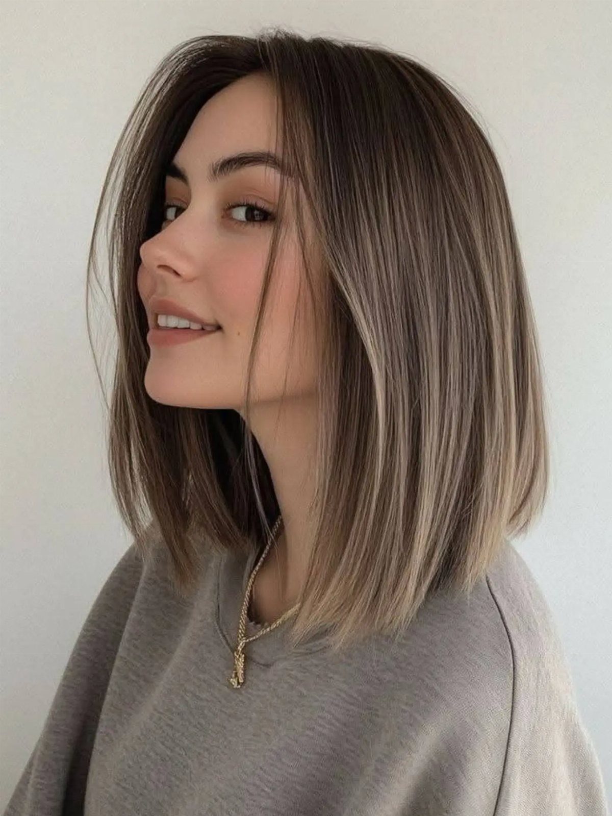 Woman displaying a highlighted angled lob with longer front sections