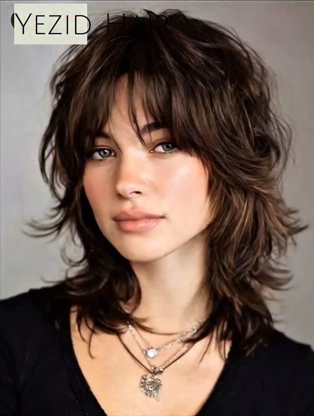 Woman with dark brown shag layers, wispy bangs, and face-framing pieces