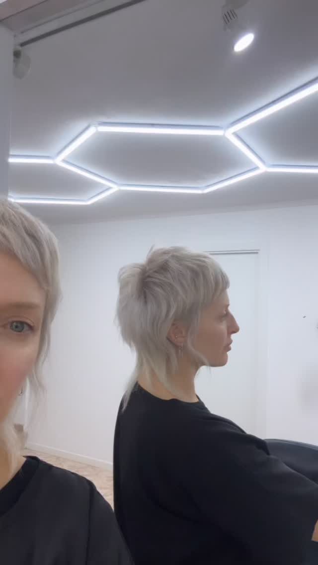 Layered blonde modern mullet shown in side profile at a salon