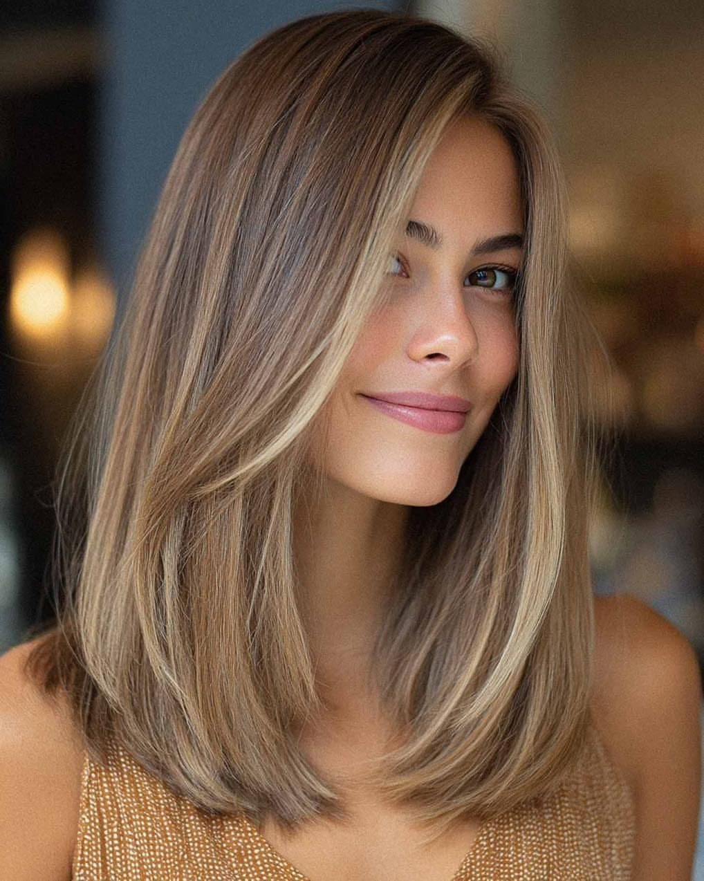 Woman with a textured blonde lob and softly layered, piecey ends