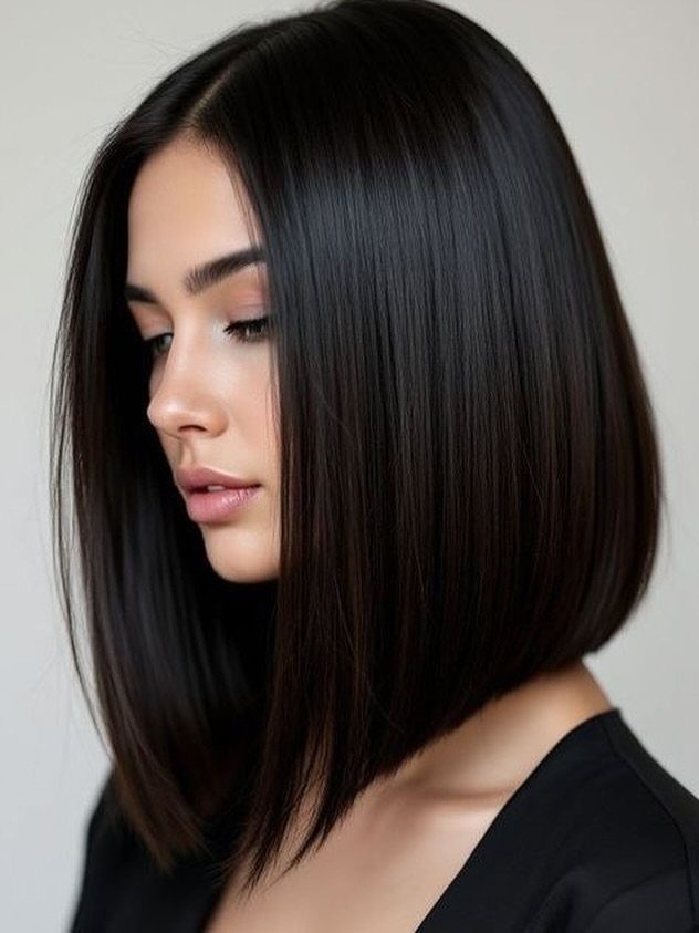 Woman wearing a glossy dark brown, shoulder-length lob with a side part