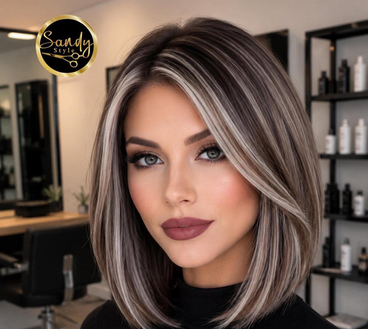 Woman with a sleek dark lob and pale face-framing highlights in a salon