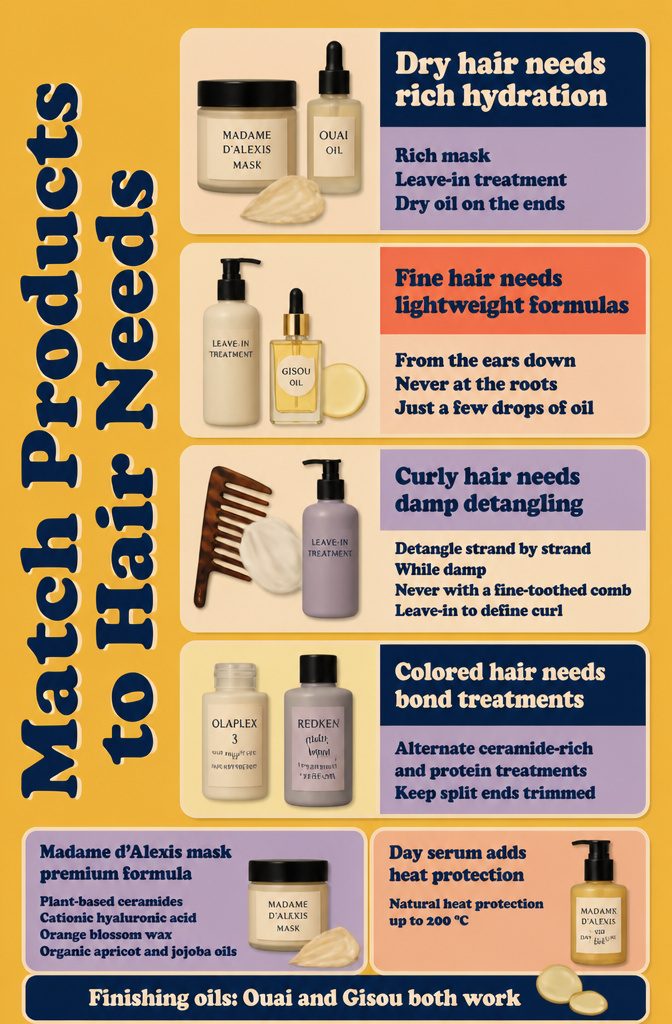 Hair products beside long hair for different texture and moisture needs