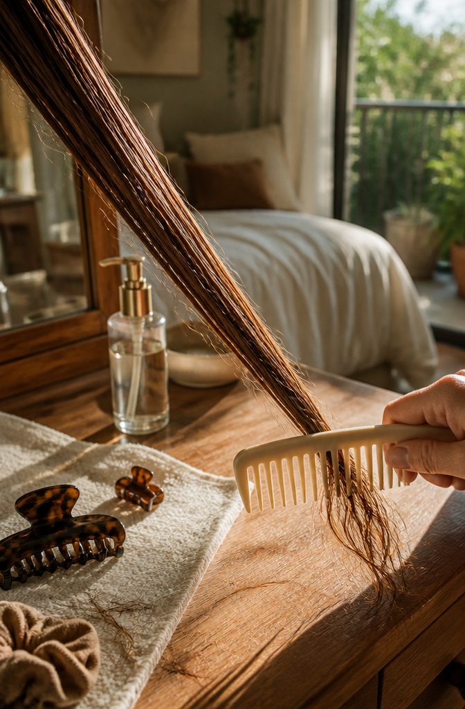 Wide-tooth comb detangling damp long hair from the ends upward