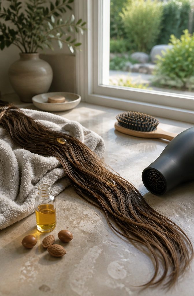 Long hair air drying beside turned-off blow dryer with serum on ends