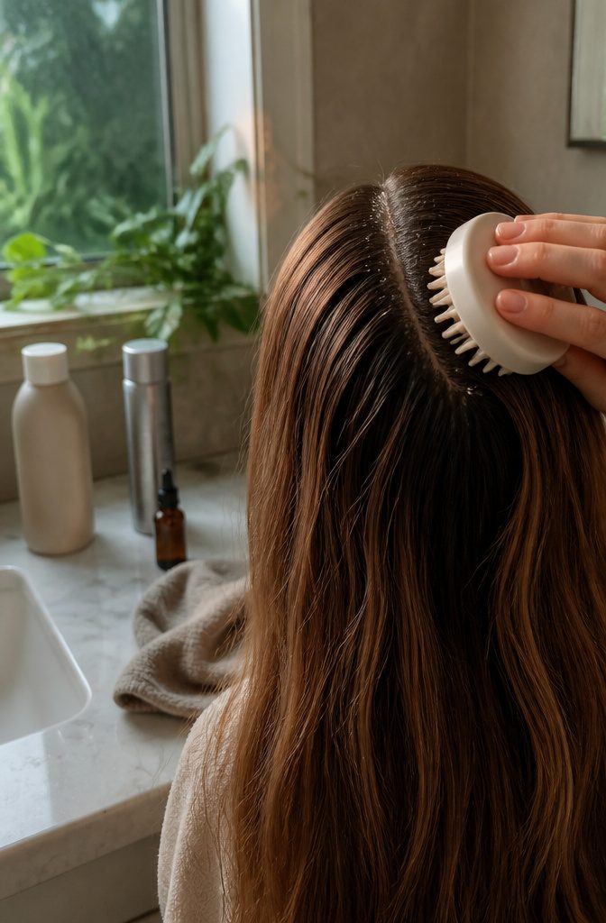 Long hair parted into scalp sections beside fingertip massage brush