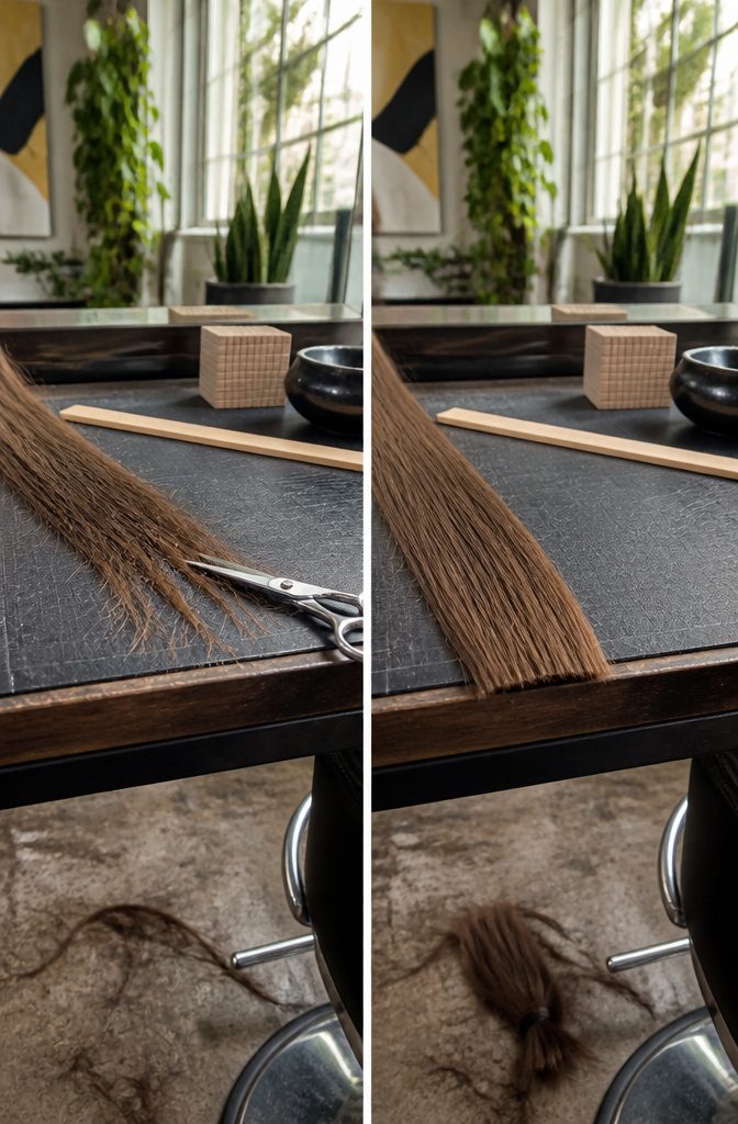 Scissors trimming split ends from long hair