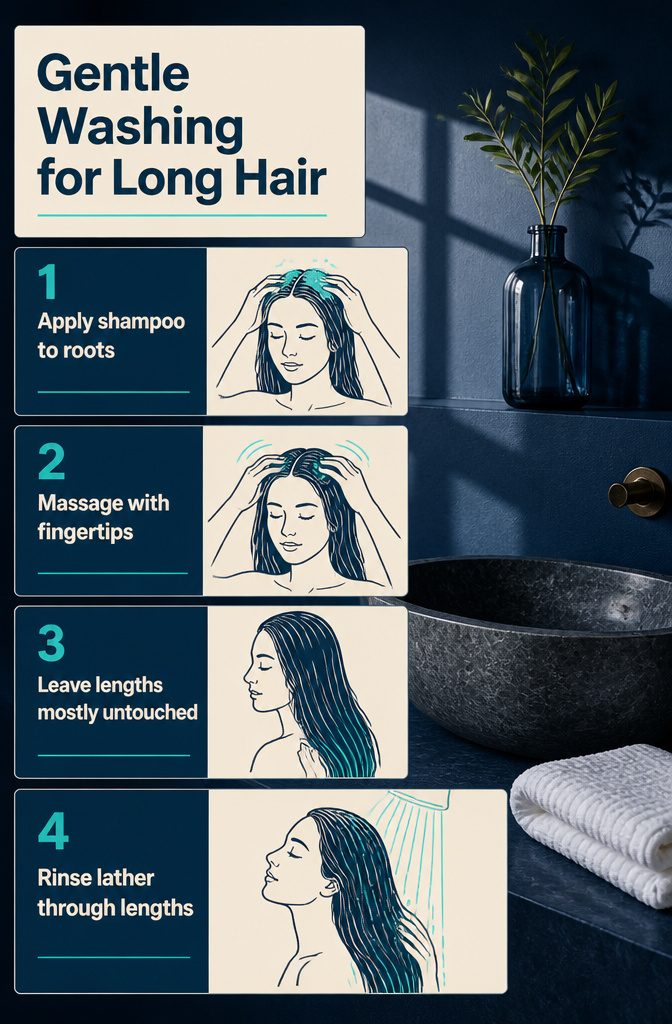 Long hair being washed with shampoo applied only near the scalp