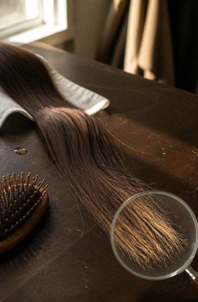 Long hair showing healthy roots and worn dry ends
