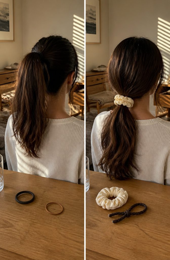 Long hair secured in a loose style without tight tension