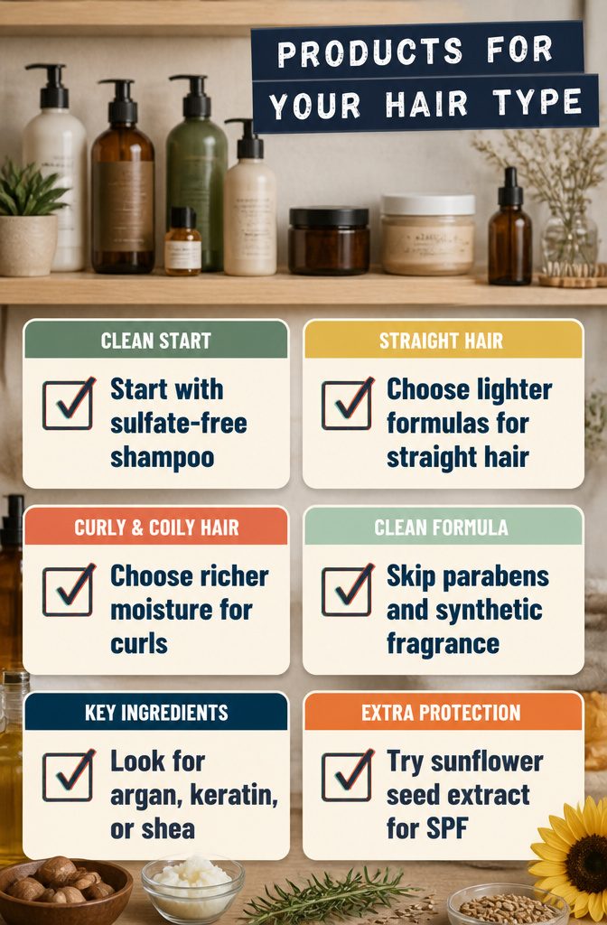 Hair-care products arranged for straight wavy curly and coily hair