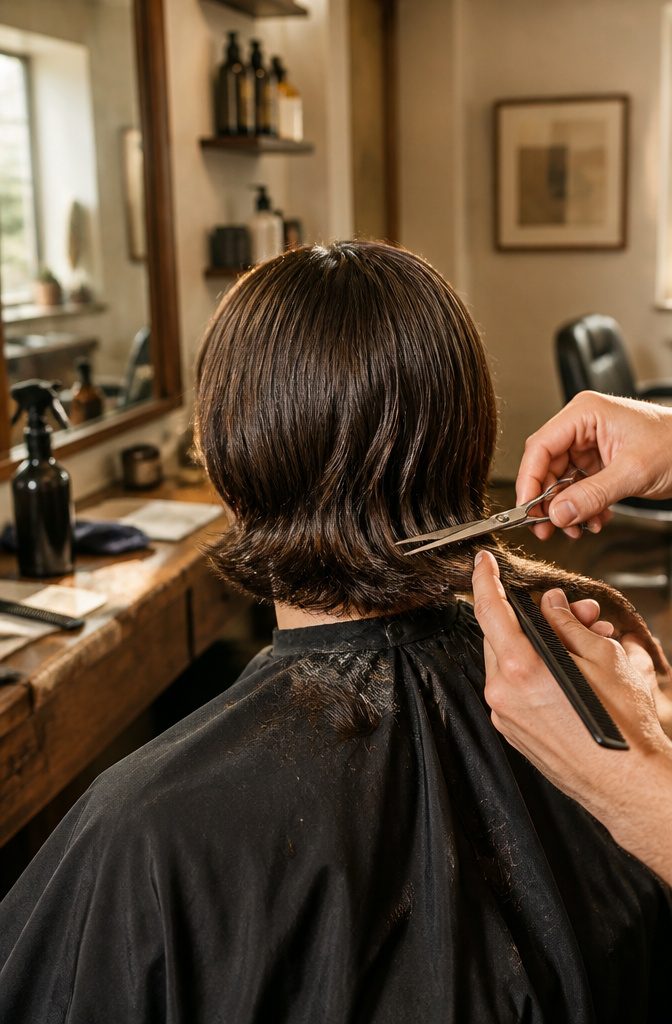 Barber trimming long men’s hair to preserve its growing shape
