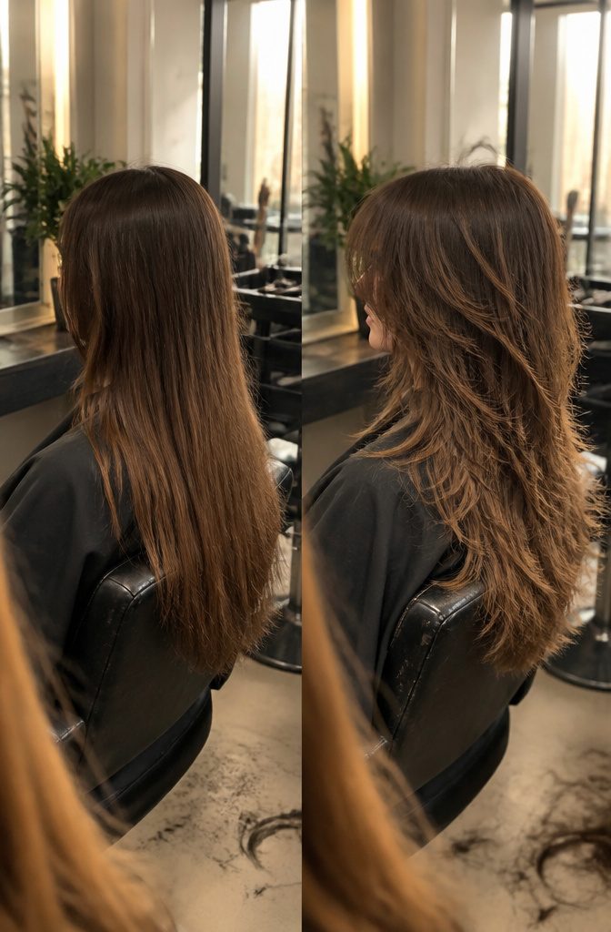 Long layered haircut with face-framing pieces and added movement