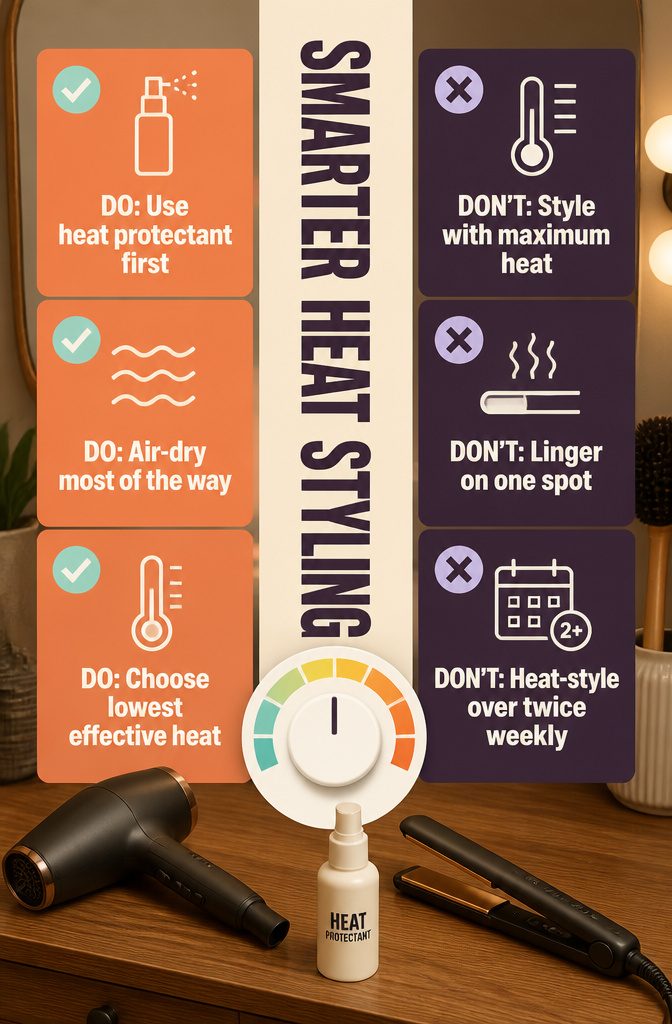 Blow dryer and flat iron beside heat protectant products