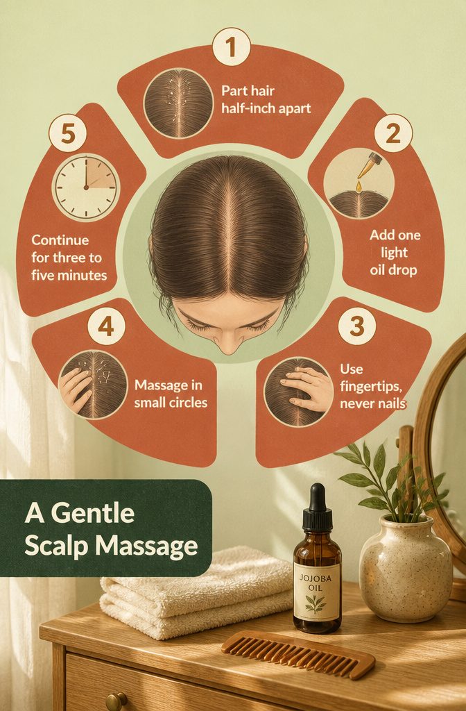Hands giving a gentle scalp massage with fingertips