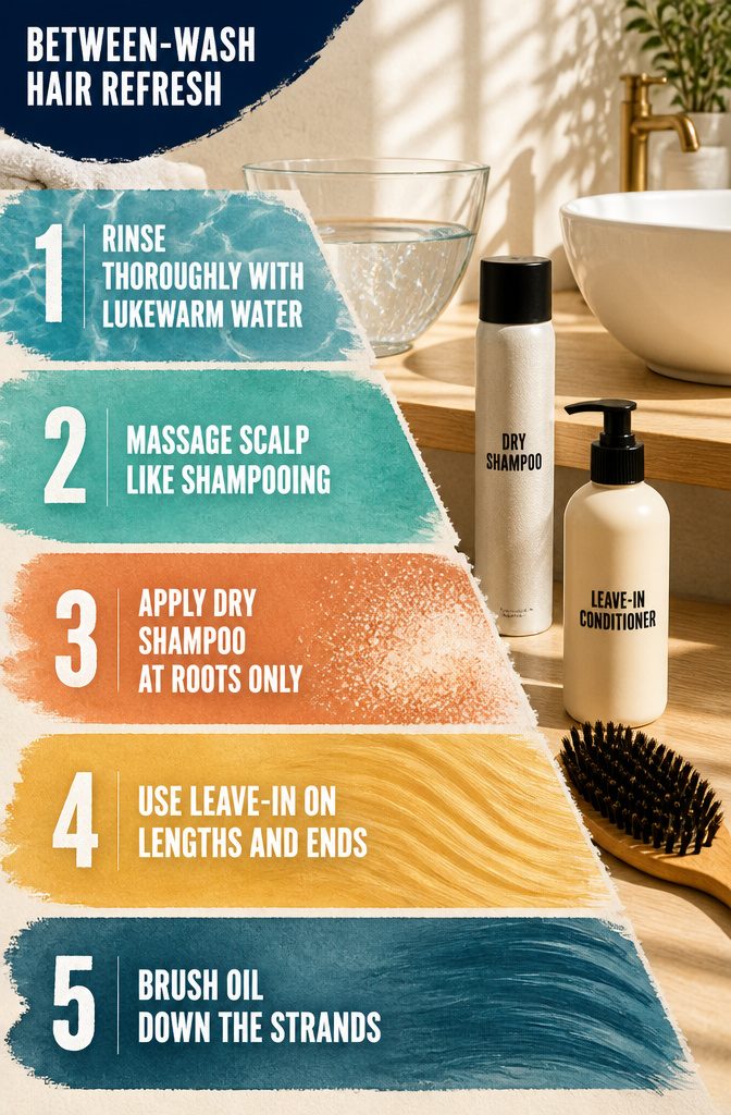 Dry shampoo and leave-in conditioner beside freshly rinsed long hair